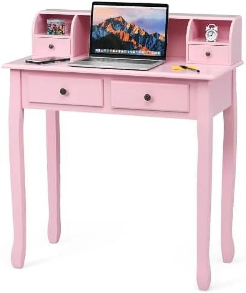 HYHBIBOOM Small Writing Desk with Removable Hutch  2-Tier Vanity Table with 4 Drawers  3 Cubbies & Pine Wood Legs  Study Computer Desk for Bedroom Home Office (Black)