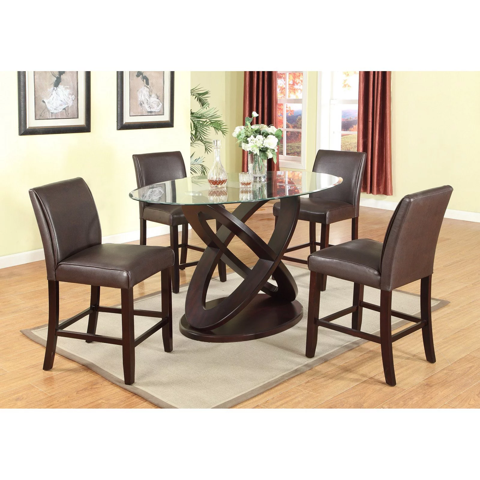 Roundhill Furniture Cicicol 5 Piece Round Faux Leather Upholstered Counter Height Dining Table Set