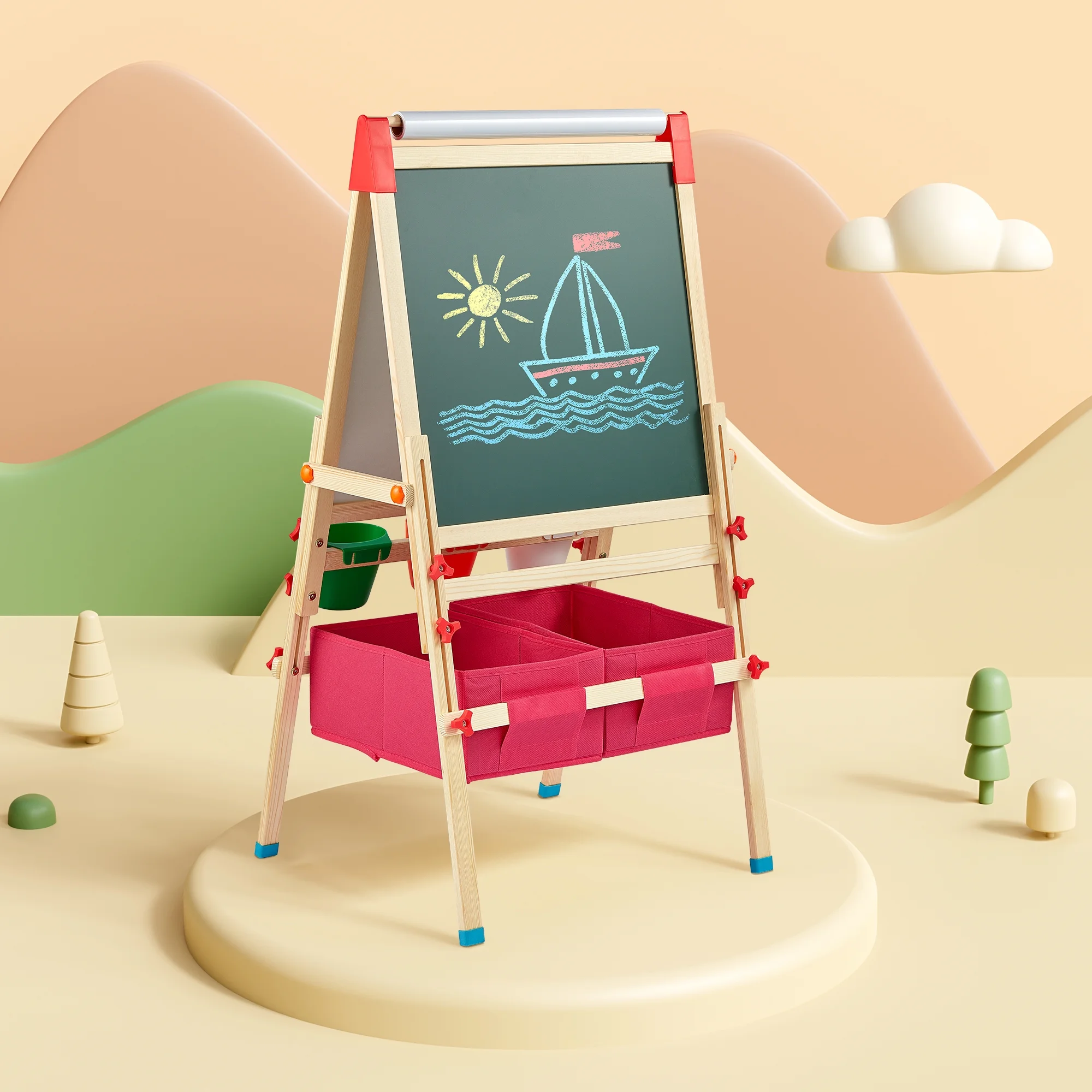 DUKE BABY Kids Art Easel with Dry-Erase Board, Chalkboard, Paint Paper Roll, Art Supply Storage – Red Color