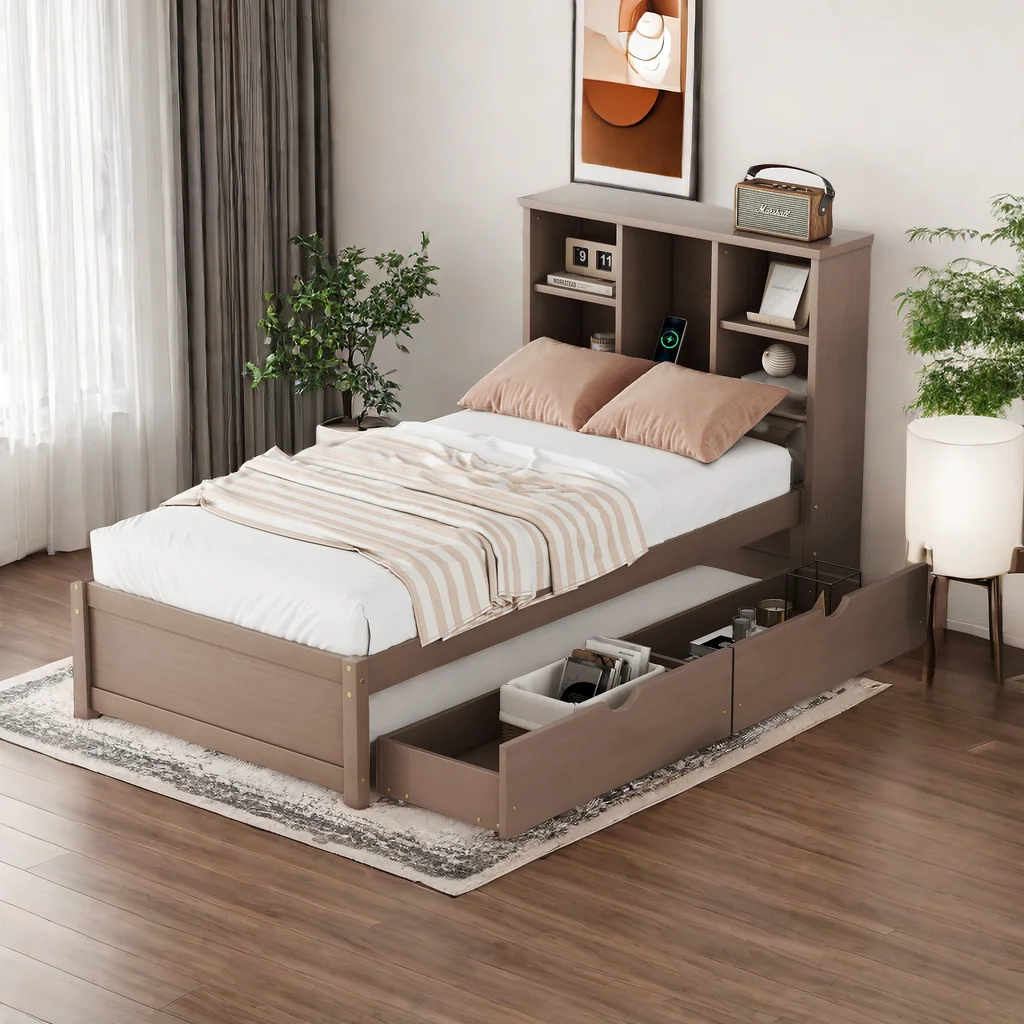 Modern Twin Size Bed Frame With Built-in USB Port on Bookcase Headboard and 2 Drawer,Platform Bed with Storage Headboard for Bedroom,Wood Bed Frame with Support Slats for Kids,Walnut