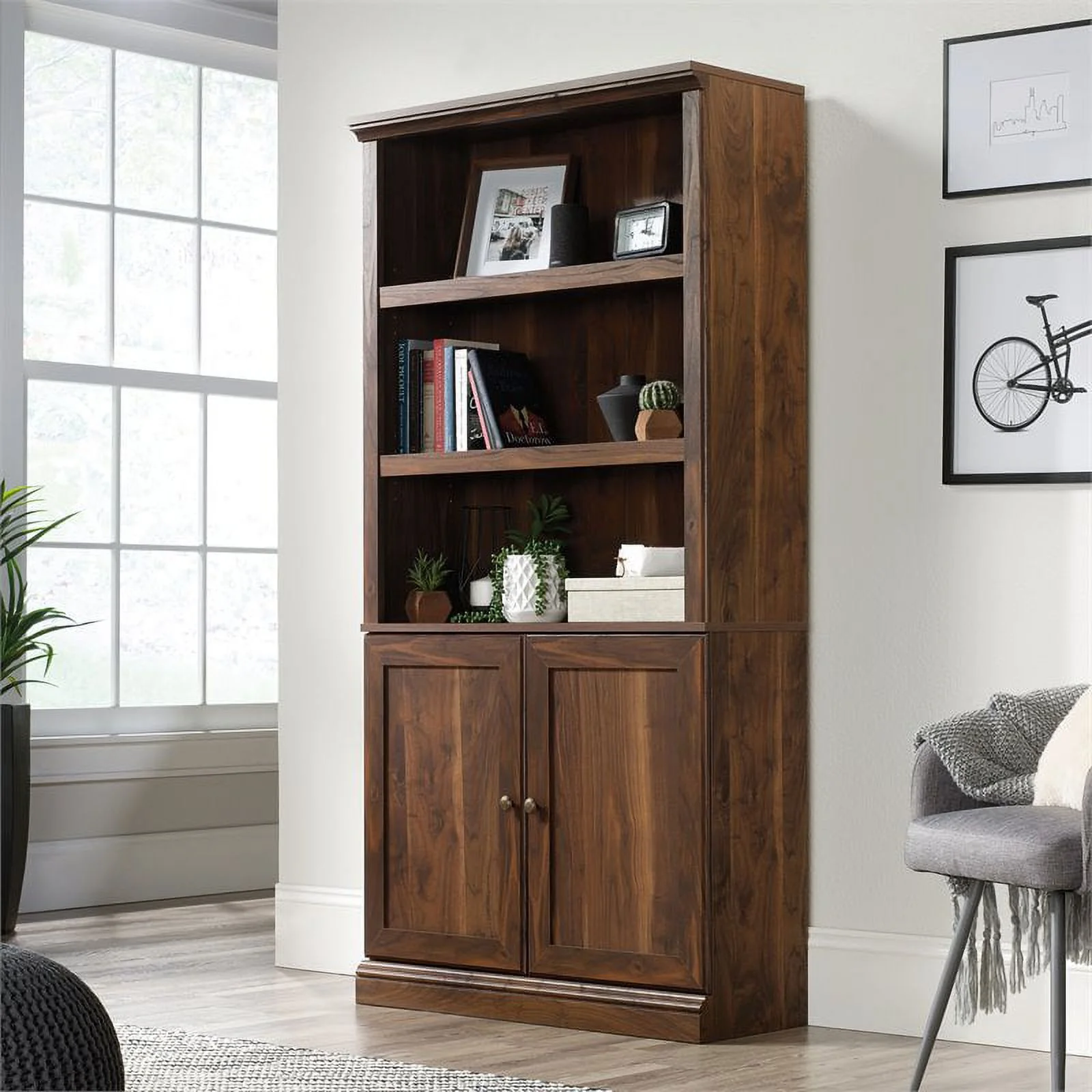 Pemberly Row 3-Shelf Tall Modern Engineered Wood Storage Bookcase in Walnut