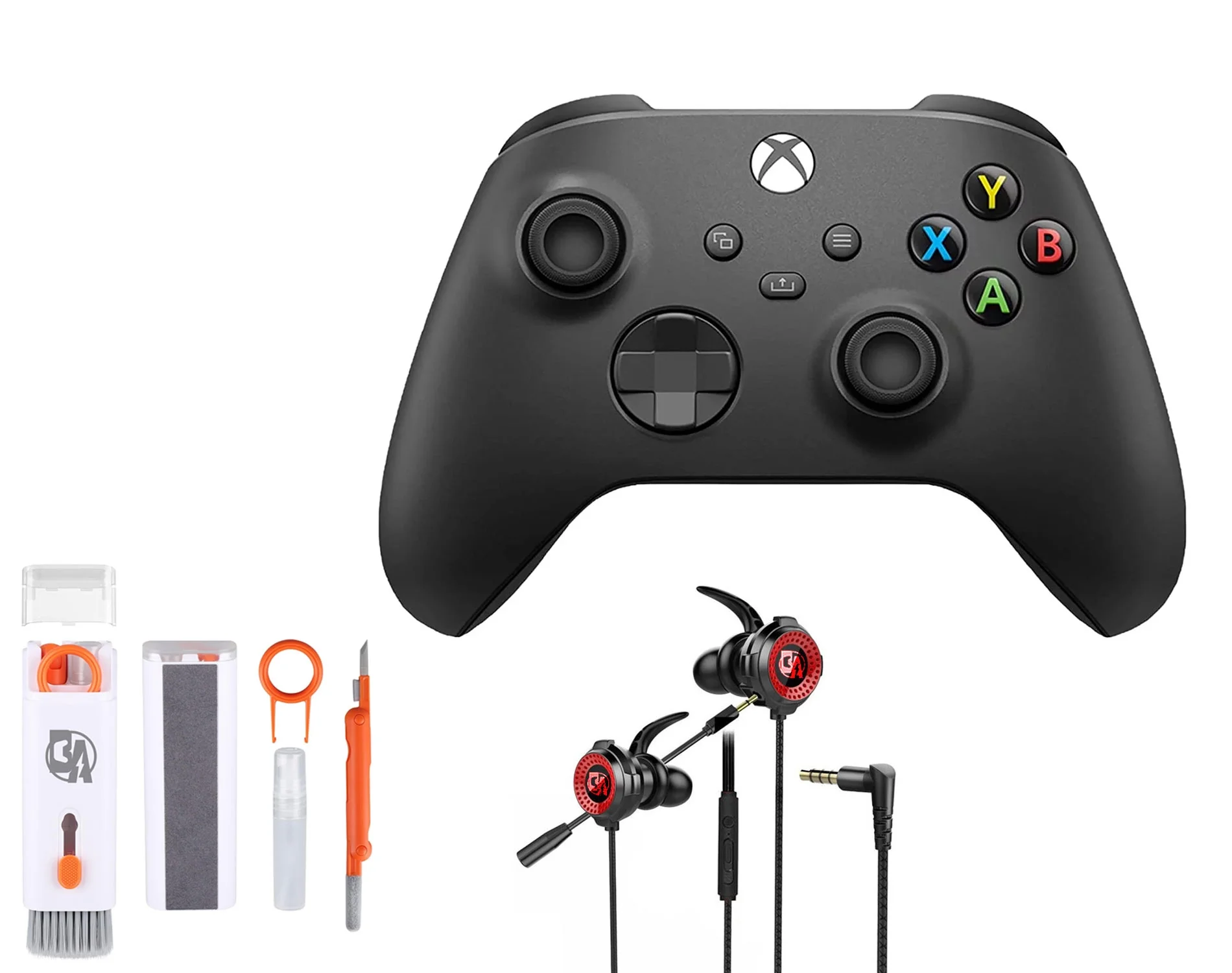 Microsoft Xbox Wireless Carbon Black Controller for Xbox Console + Wired Earbuds With Cleaning Kit BOLT AXTION Bundle Used