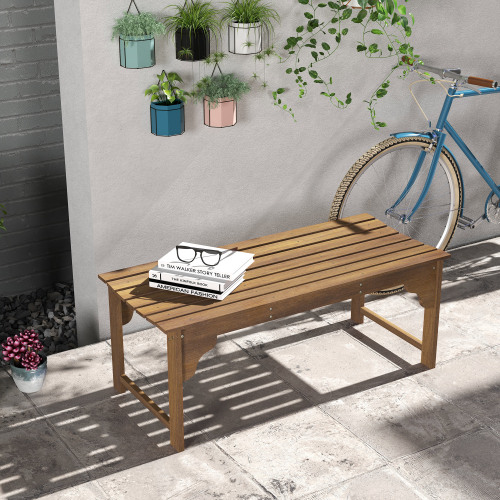 Buumin Outsunny Wooden Garden Bench, Outdoor Park Bench with Slatted Seat, Backless Front Porch Bench with Curved Seat for Conservatory, Garden, Poolside, Deck, Teak