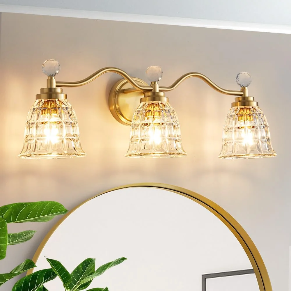 HYUN Bathroom Light Fixtures Modern Vanity Lights with Crystal Flower Shades, LED Dimmable Bathroom Vanity Light Wall Sconce Lighting for Bath, Ladies Room, Powder Room (Gold, 3-Lights)