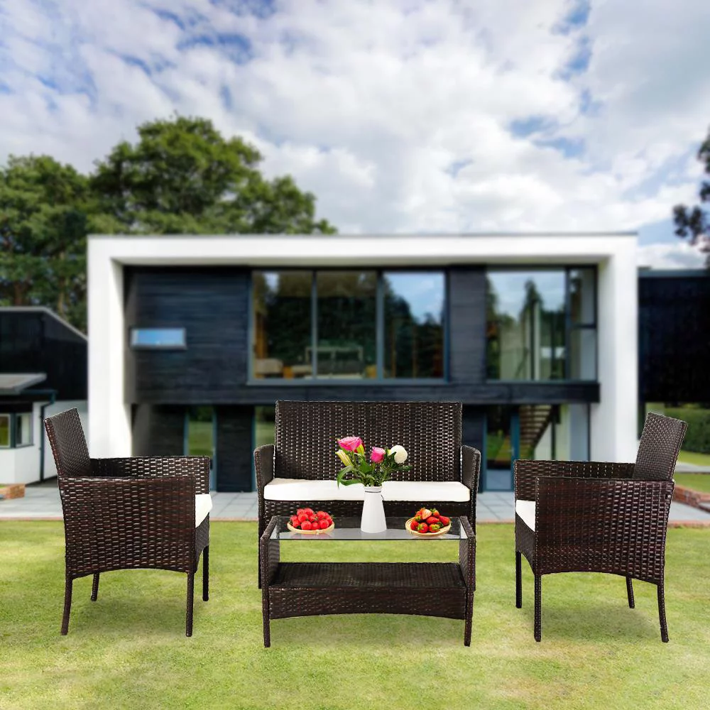 Ktaxon 4 PCS Outdoor Patio Rattan Furniture Set Rattan Wicker Sofa Table Shelf Cushion Brown