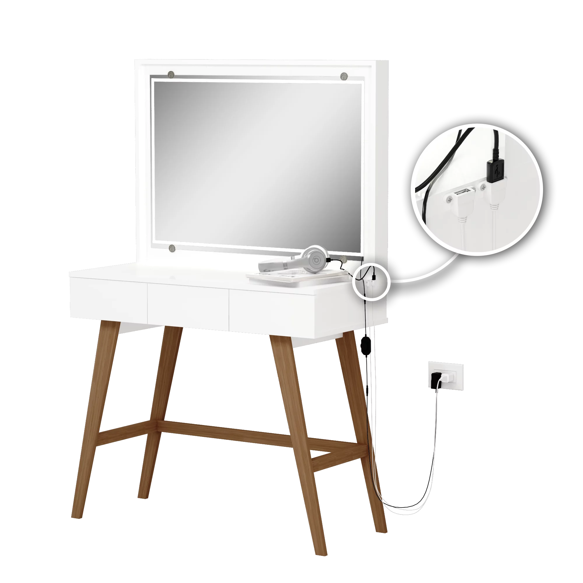 Ember Interiors Zoe Modern White Painted Vanity Table, USB Port, Light, for Bedroom