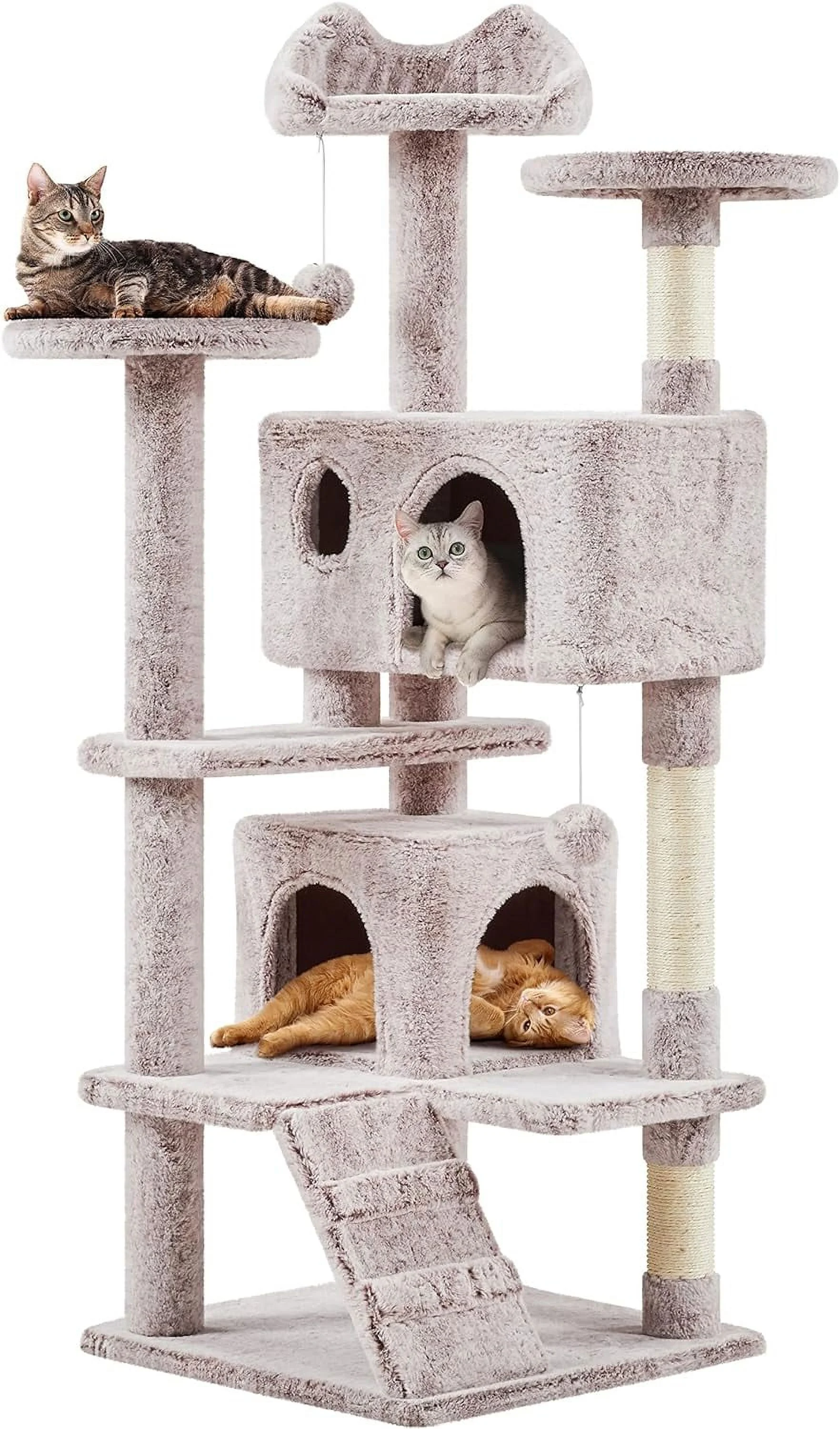 54in Cat Tree, Cat Tower with Double Cat Condo, Sisal Scratching Posts, and Dangling Balls, Cat Furniture Kitten Play House