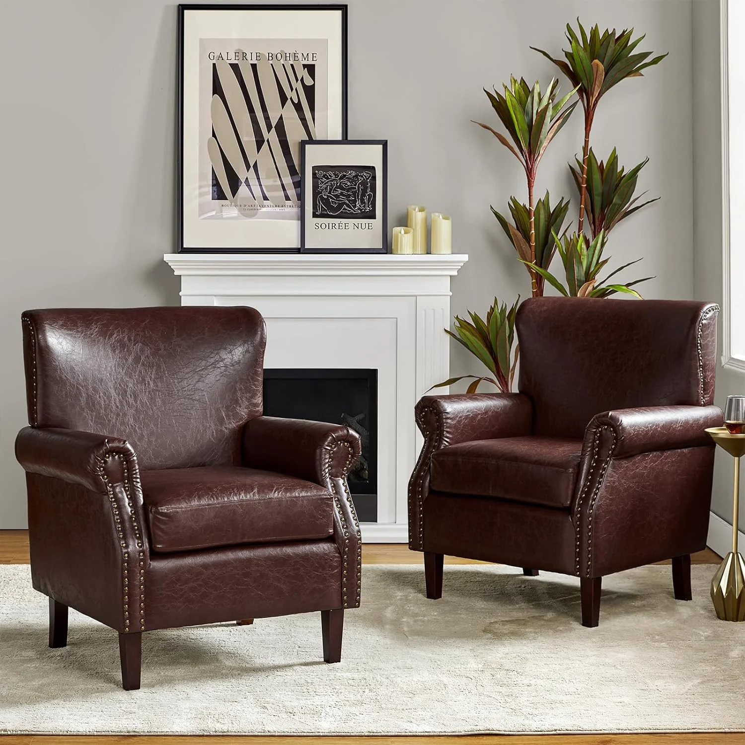 Faux Leather Accent Chairs Set Of 2 With Rolled Armrests & Nailhead Trim, Comfy Upholstered Living Room Armchairs With Removable Cushion, Traditional Sofa Chairs For Bedroom Office, Brown