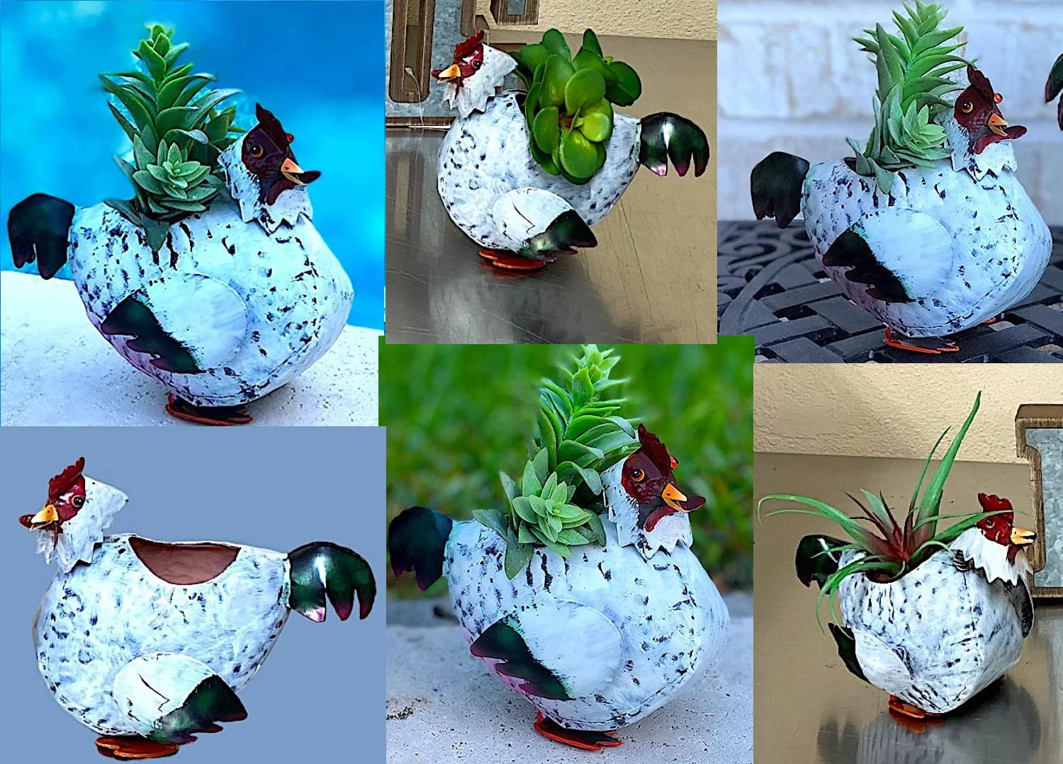 Set of 3 Chicken Planters Small White Metal Rustic Indoor Outdoor Decor Farmhouse Barnyard Inspired 7