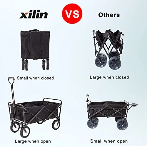 220 lbs Capacity Folding Wagon, Utility Garden Cart Collapsible with Wheels for Outdoor Camping, Black