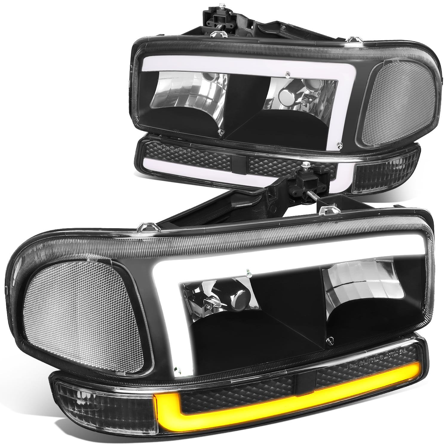 DNA Motoring 4-HL-SIER99-T2-BK-CL Black Clear L-LED DRL Headlight Bumper Lamps for 1999-2007 GMC Sierra Yukon