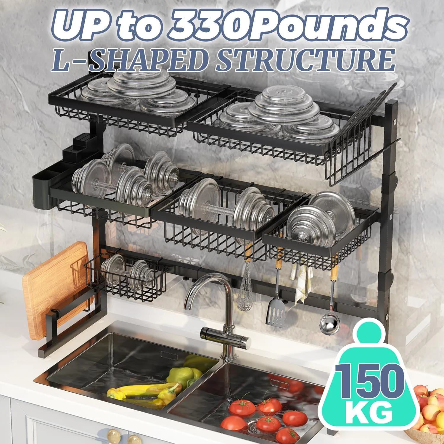 Over The Sink Dish Drying Rack (Expandable Height and Length) Snap-On Design 2 Tier Large Dish Rack Stainless Steel (31-39.5L x 12W x 34-38H (inches))