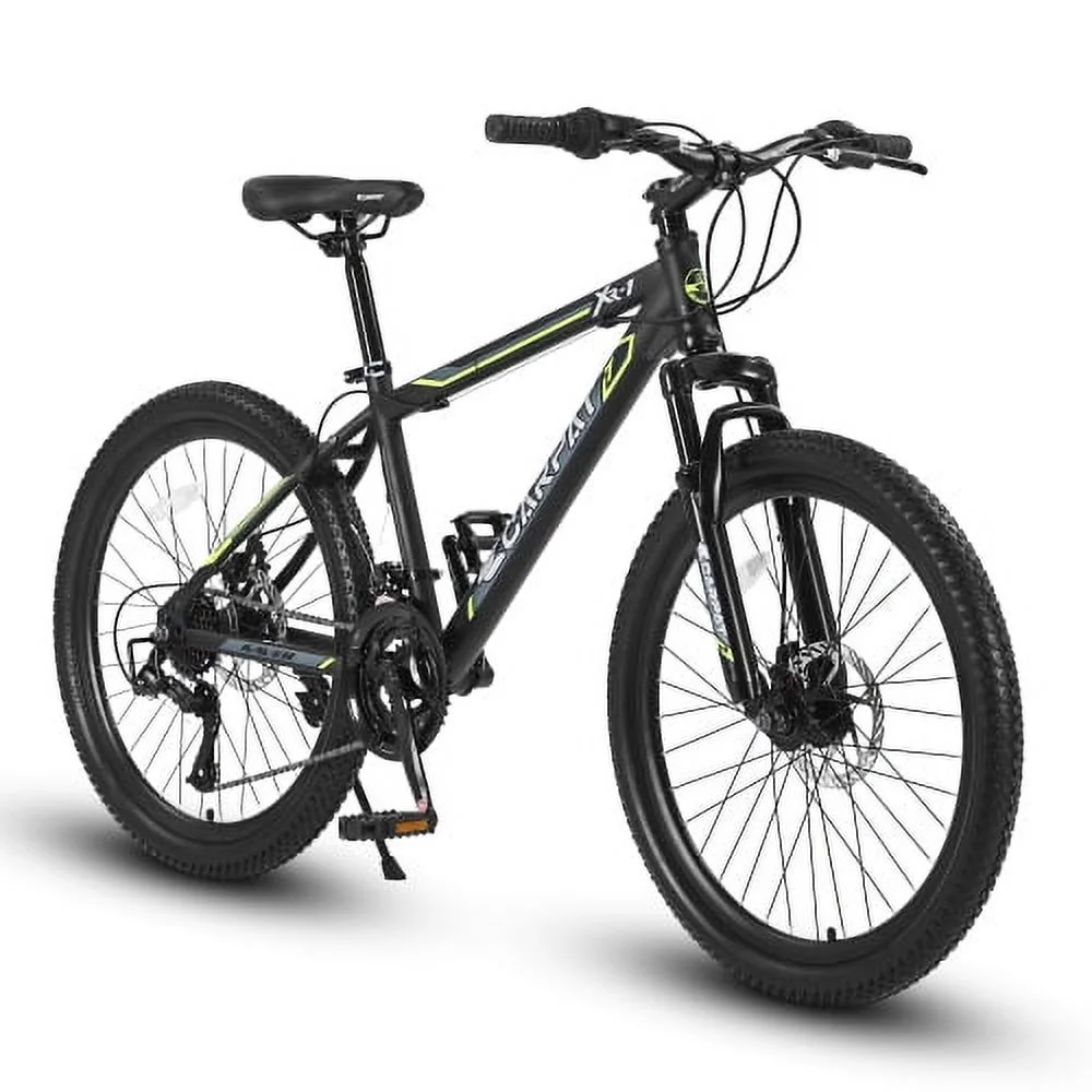 24 Inch Mountain Bike Boys Girls, Steel Frame, Shimano 21 Speed Mountain Bicycle with Daul Disc Brakes and Front Suspension MTB