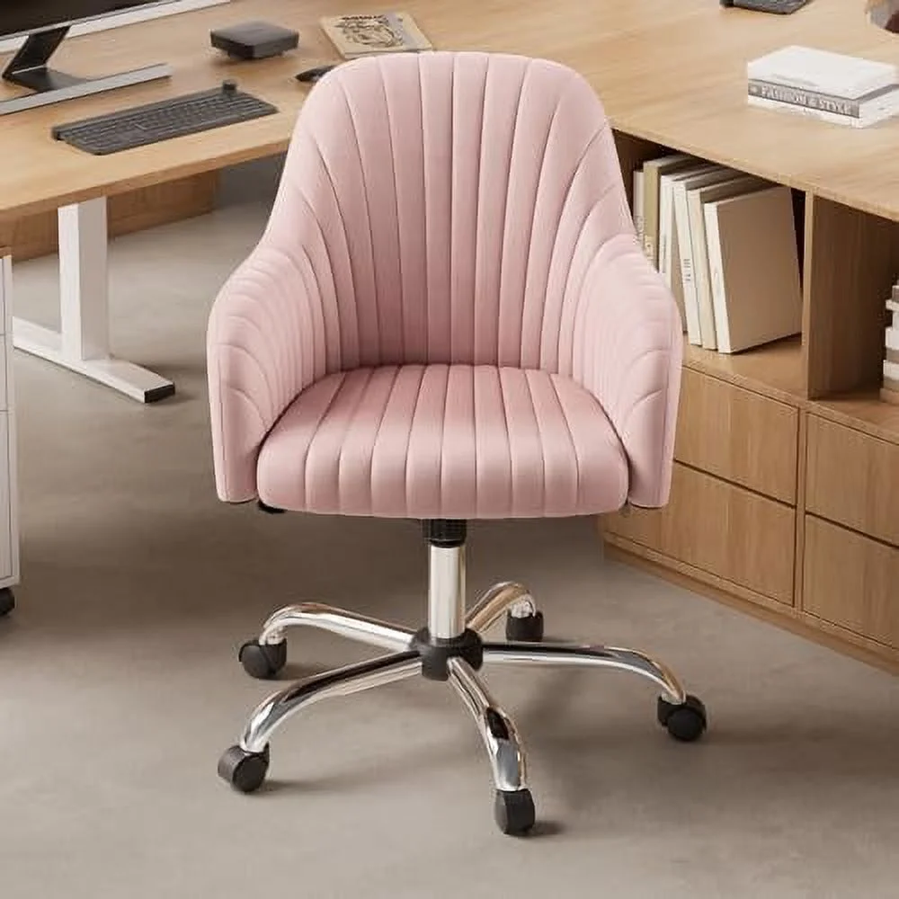 YPDCHB Pink Desk Chair with Wheels  Modern Cute Vanity Rolling Chairs with Upholstered Velvet Home Office Chair for Women Girls Bedroom Make-up Studying