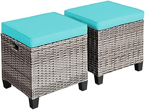 CLKHGFAR 2 Pieces Outdoor Patio Ottoman  All Weather Rattan Wicker Ottoman Seat  Patio Rattan   Outdoor Footstool Footrest Seat w/Removable Cushions