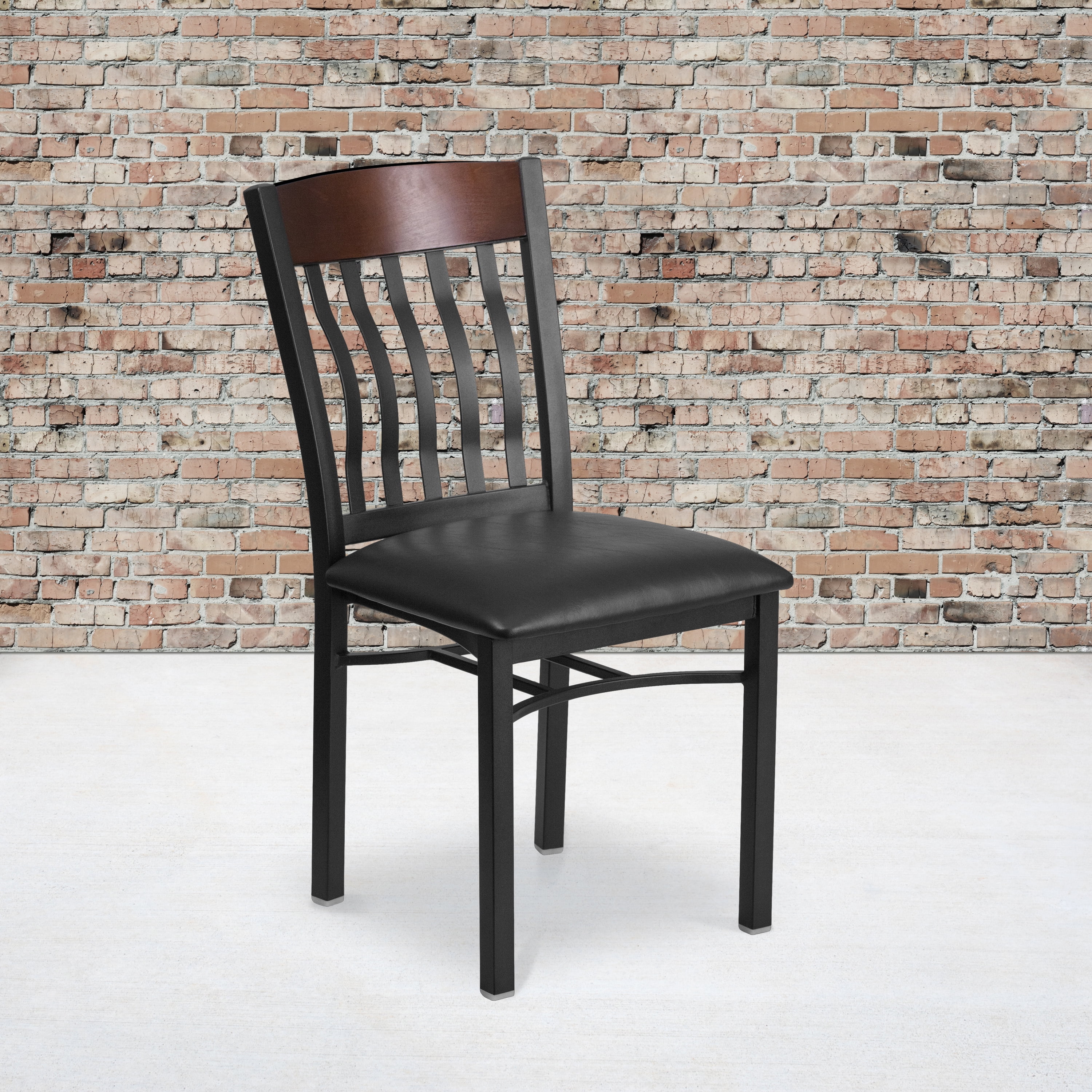 Flash Furniture 2 Pack Eclipse Series Vertical Back Black Metal and Walnut Wood Restaurant Chair with Black Vinyl Seat