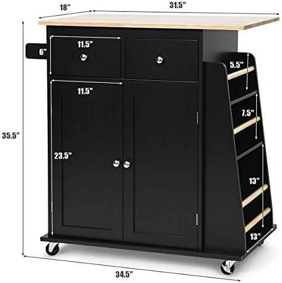 JDZHAPPYLIFE Kitchen Island Cart  Rolling Wood Trolley with  Cabinet  Towel Handle  2 Drawers  Side Spice Rack and Wine Bottle Rack  Kitchen Cart on Wheels  Rubber Wood Countertop (Black)