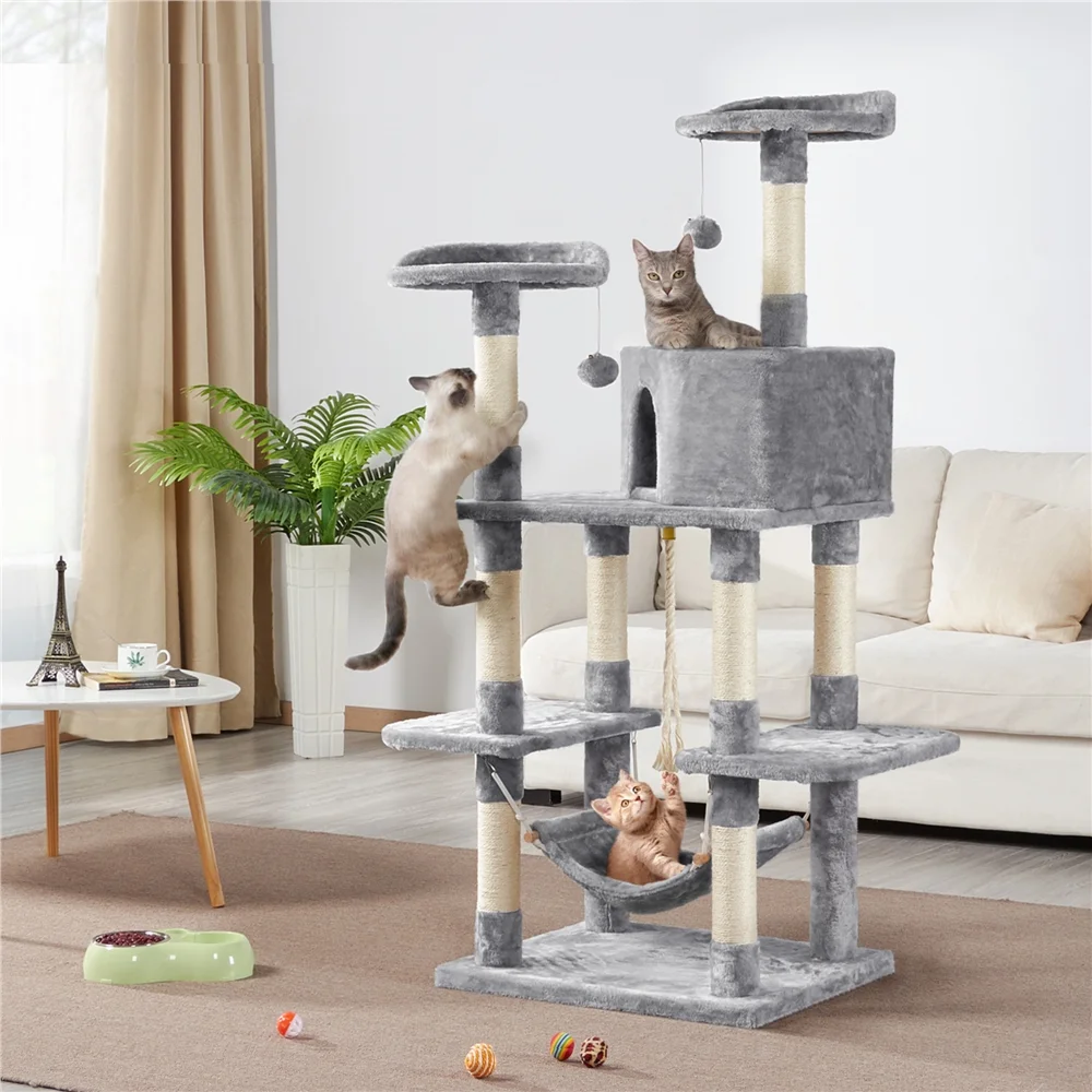 Easyfashion 59''H Multilevel Cat Tree Cat Tower, Light Gray