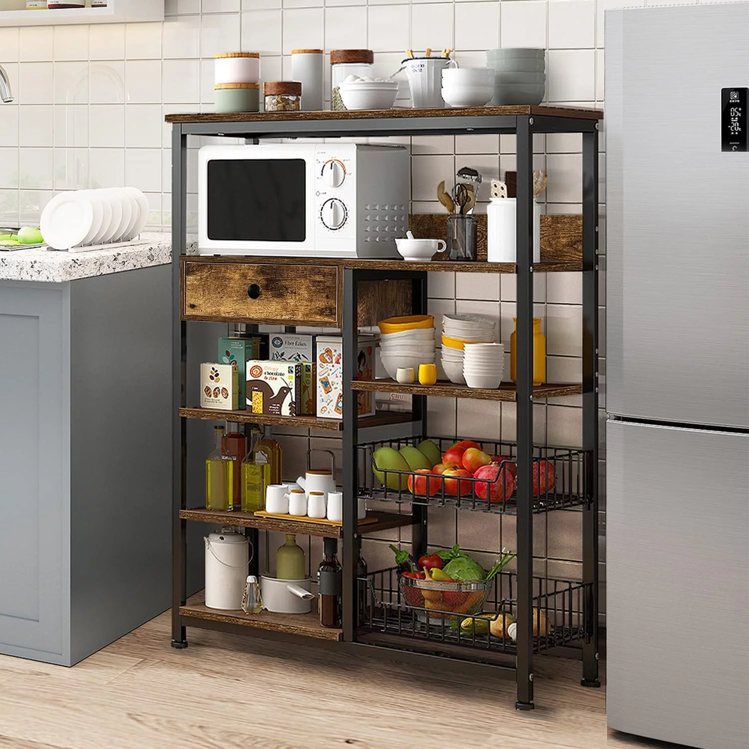 5-Tier Kitchen Baker’s Rack,Industrial Microwave Oven Stand,Kitchen Utility Storage Shelf,Free Standing Kitchen Organizer for Spices, Pots, Pans and Oven (Rustic Brown)