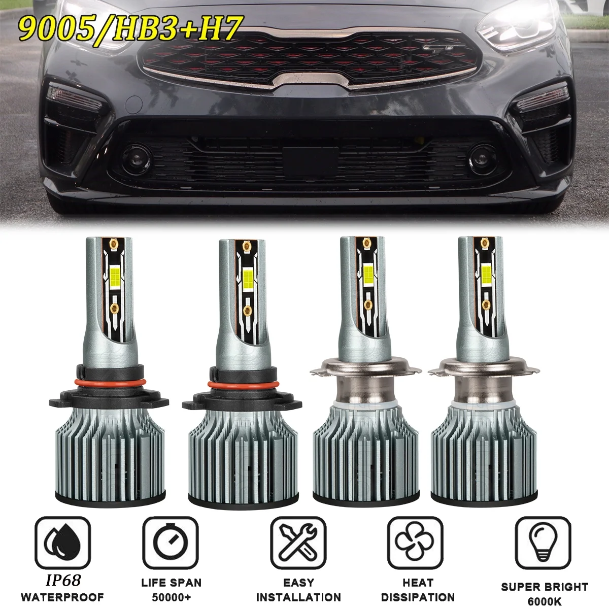 SHENKENUO Fit For 2017 2018 2021 Kia Forte LED Headlight Bulbs, 9005 High Beam H7 Low Beam LED Headlights Replacement, 6500K White, Plug and Play, Pack of 4