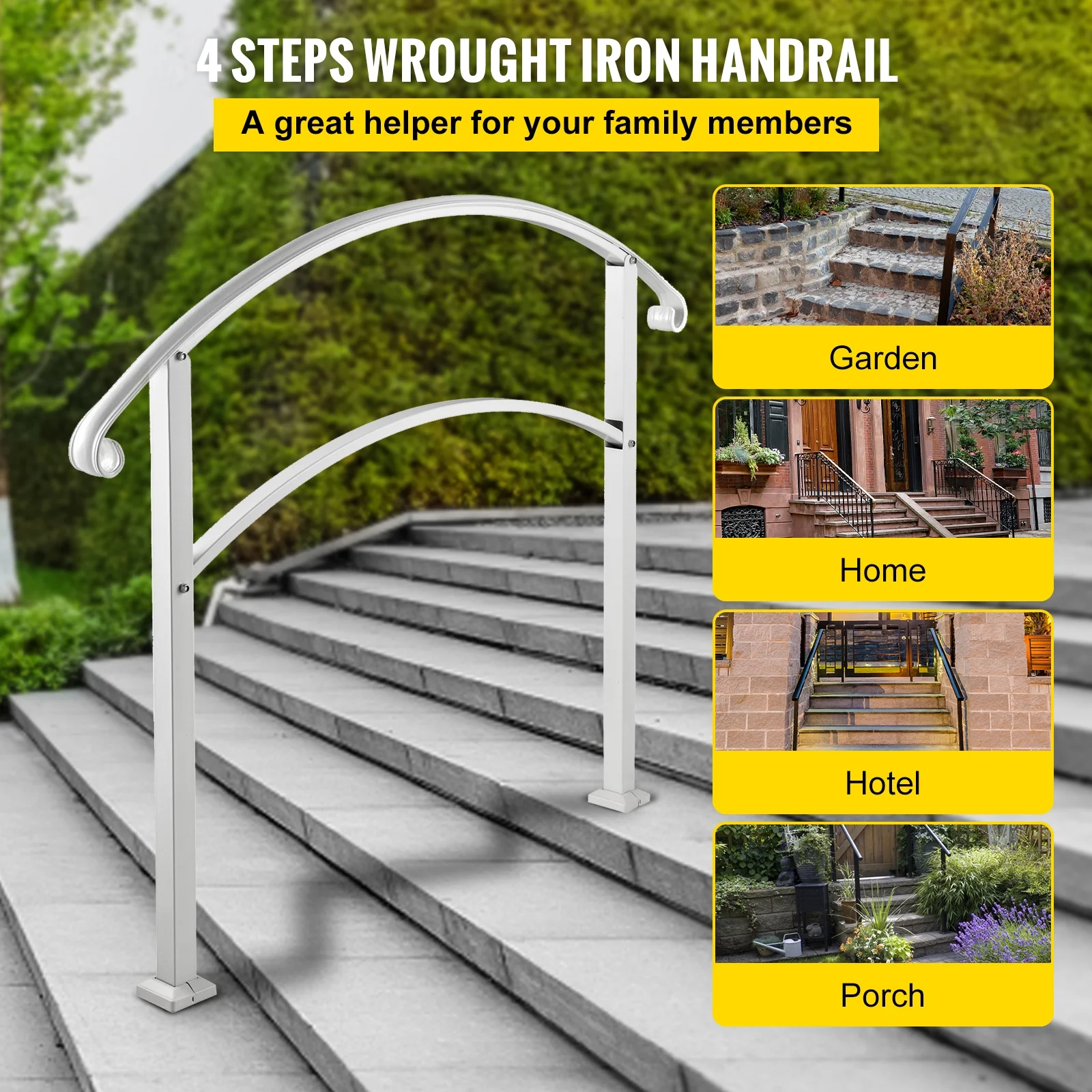 SKYSHALO 4 Levels Adjustable Handrail Fits Level 1 or Level 4 Matte White Stair Handrail Wrought Iron Handrail with Mounting Kit Outdoor Step Handrail
