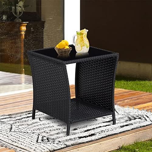 MQLIFEBOOM Wicker Rattan  with Glass Top and  Bistro Woven  Outdoor Patio Square End Tables Garden Porch Sofa Tables Black