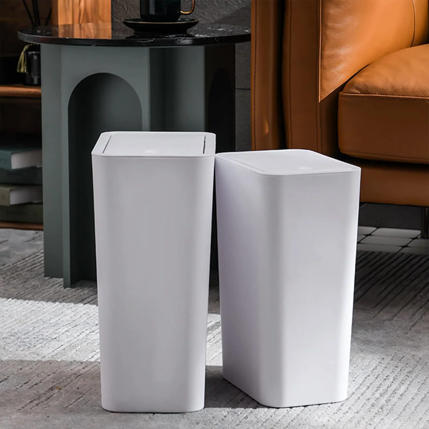 2 Pack 10 Liter Slim Trash Can With Press Top Lid, 2.6 Gallon Garbage Bin, For Home, Office, Bathroom, 2 Pack, White