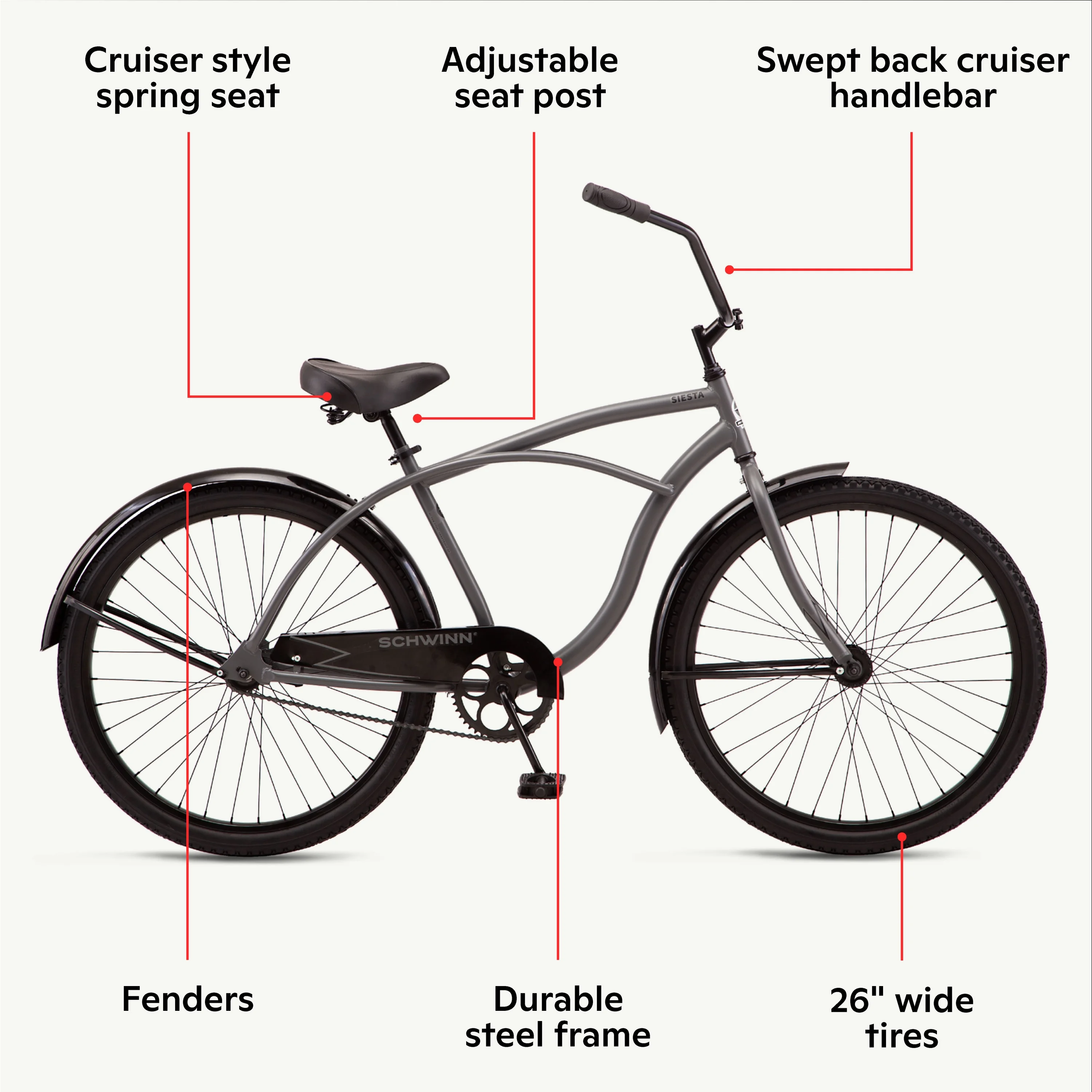 Schwinn Siesta cruiser bike, single speed, 26-inch wheels, charcoal, mens style