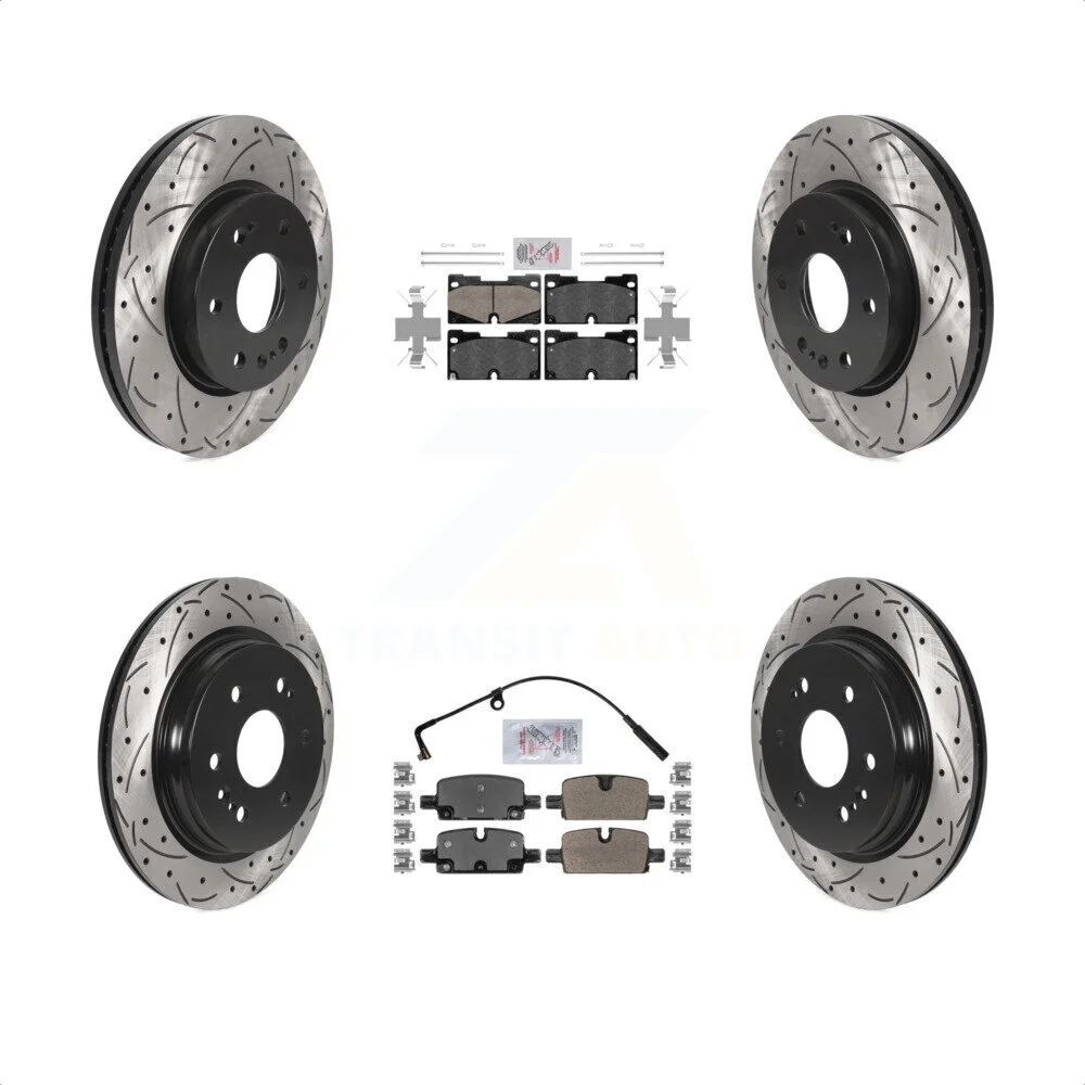 Transit Auto - Front Ceramic Rear Semi-Metallic Pad And Coated Drilled Slotted Disc Brake Rotors Kit For Chevrolet Silverado 1500 GMC Sierra Cadillac Tahoe Escalade Suburban ESV LTD Limited KDA-101708