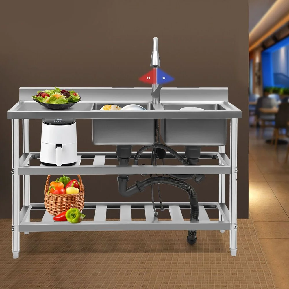 Commercial Restaurant Kitchen Sink Double Bowl Sink With 2 Shelves 201 Stainless Steel Utility Sink Free-standing Sink & Faucet Combo With Strainer (Double Bowl)