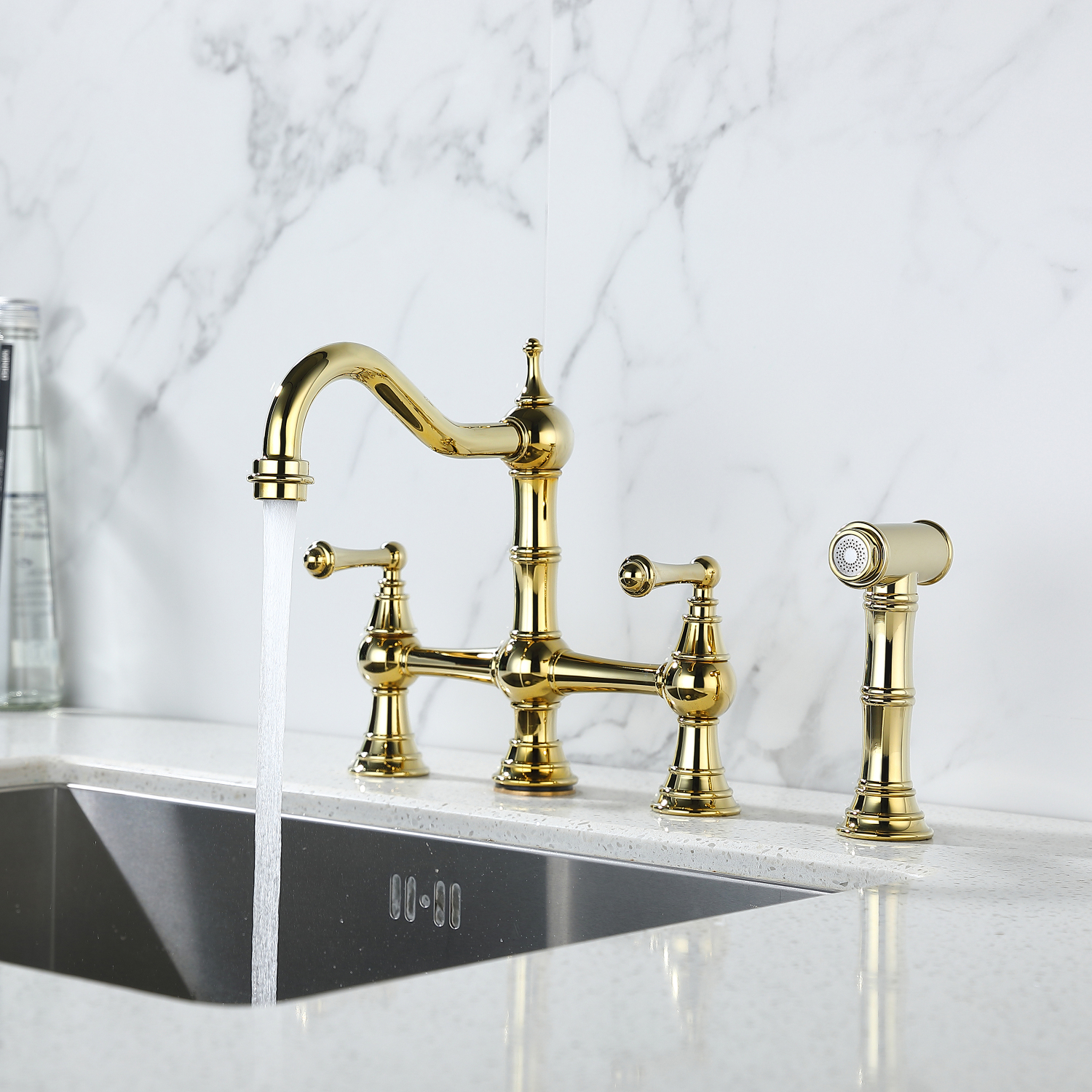 YLtoohoom Bridge Dual Handles Kitchen Faucet With Pull-Out Side Spray in