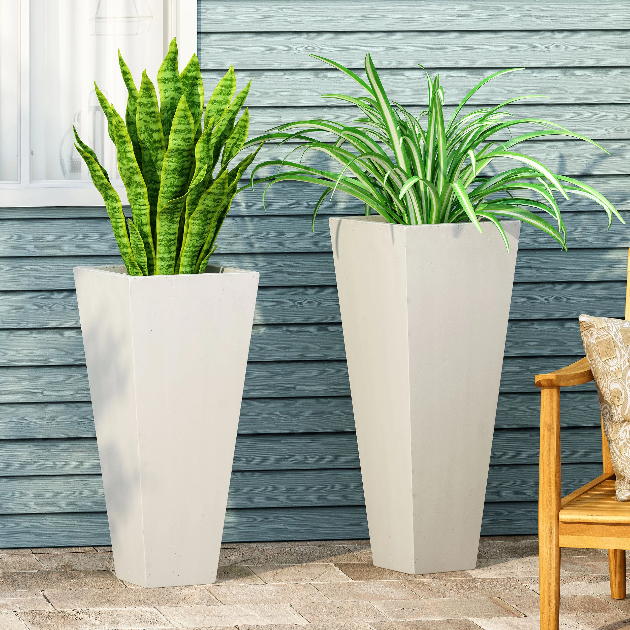 Noble House Ella Outdoor Modern Large and Medium Cast Stone Planter Set in White