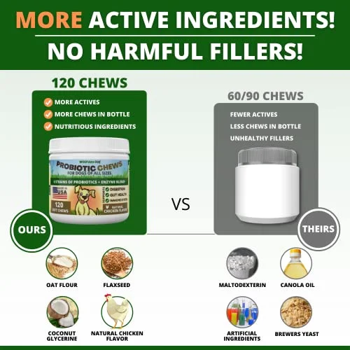 Probiotics for Dogs - Digestive Health, Gut Flora, Bowel Support, Immune System Support - Soft Chews Supplement for Dogs 120 ct, Made in USA