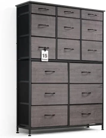 TJCGDTY Drawer  Tower w/ 5 Fabric Bins  Laundry   Sorting Unit  Chest of Drawers  Organizer w/ P2 Board Top & Fabric Bins  Organizer Unit for Multi-purpose  Hallway  Office  Grey Oak