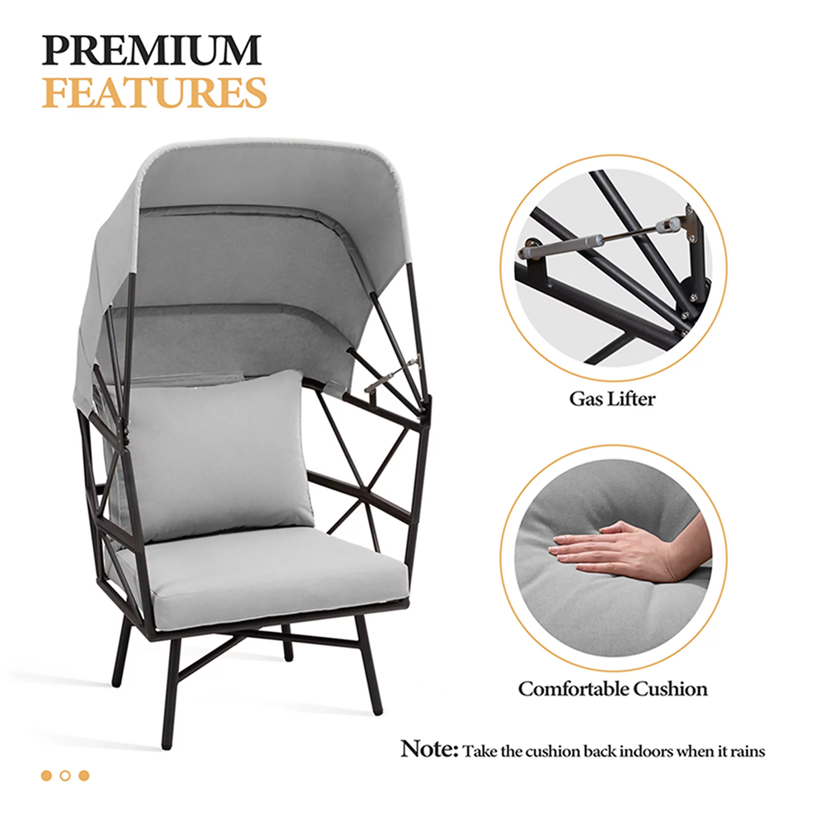 Pellebant Black and Gray Aluminum Patio Egg Chair with Cushion & Sun Shade Cover