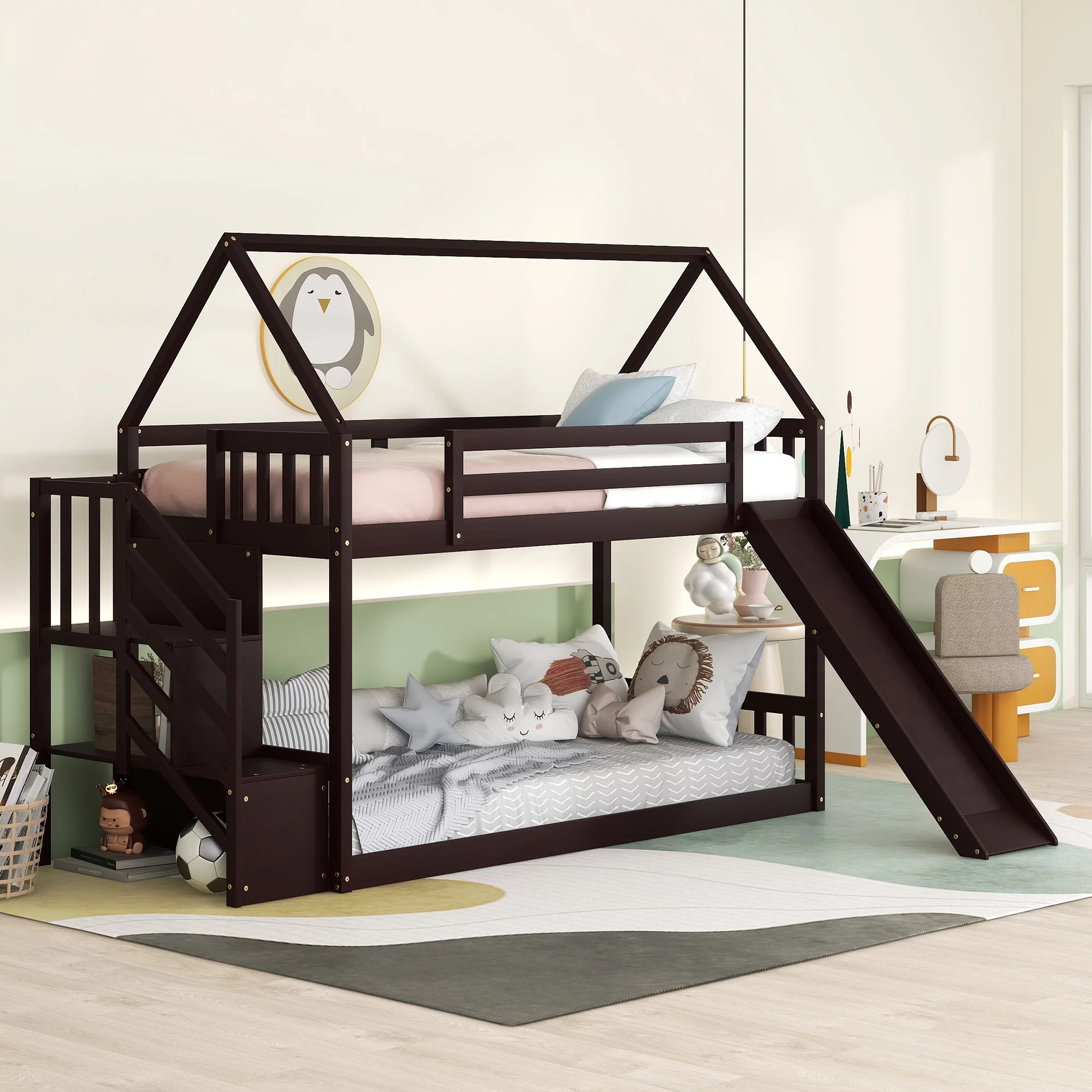 Low Bunk Bed with Slide and Stairs, Wood Twin Over Twin House Bunk Beds for Kids, Floor Bunk Bed with Stairway Easy Assembly (Espresso)