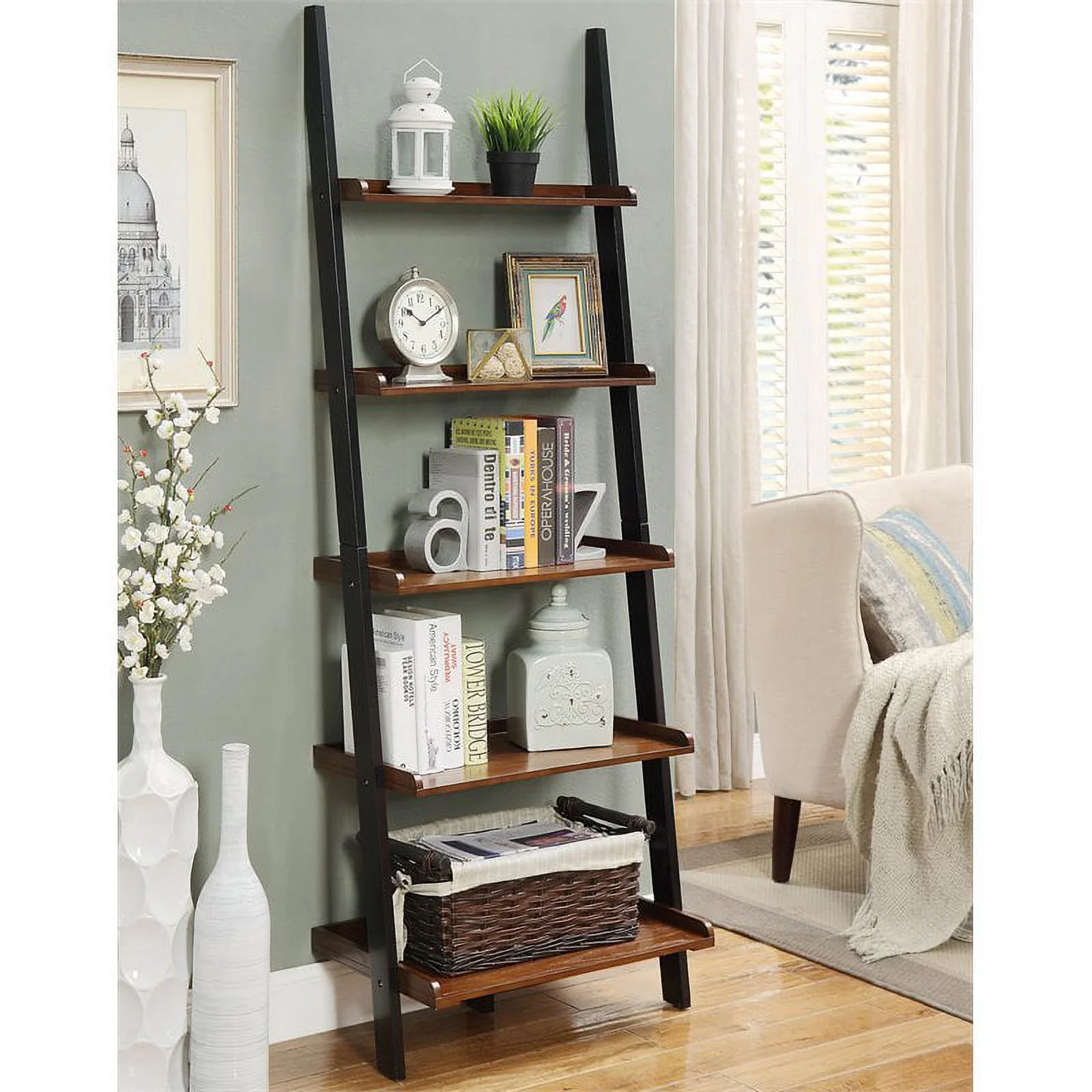 Pemberly Row Bookshelf Ladder in Dark Walnut Wood Finish