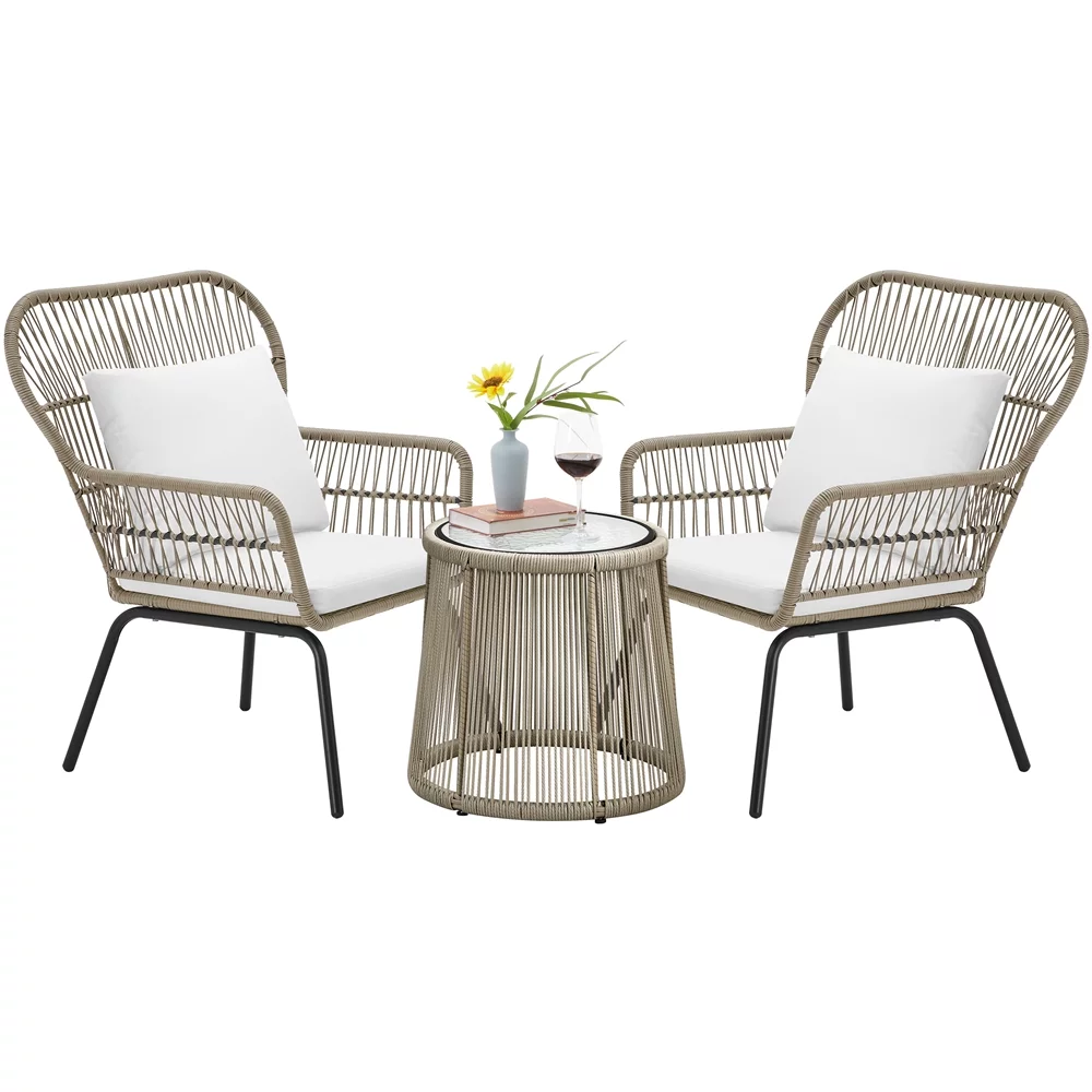 Topeakmart 3-Piece Patio Conversation Bistro Set Outdoor All-Weather Wicker Furniture, Tan