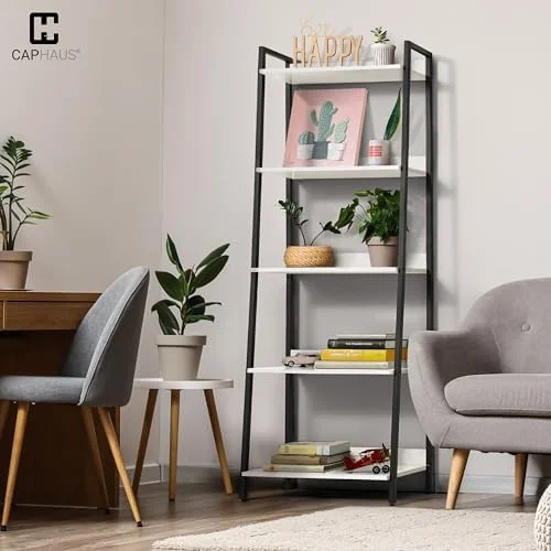 NLTBONNIE 5 Tier Ladder Bookshelf  24 Inch Width Free Standing   Bookcase   Rack Organizer  Industrial Book Shelves for Home Office  Living Room  Kitchen  White  Vintage Shelves