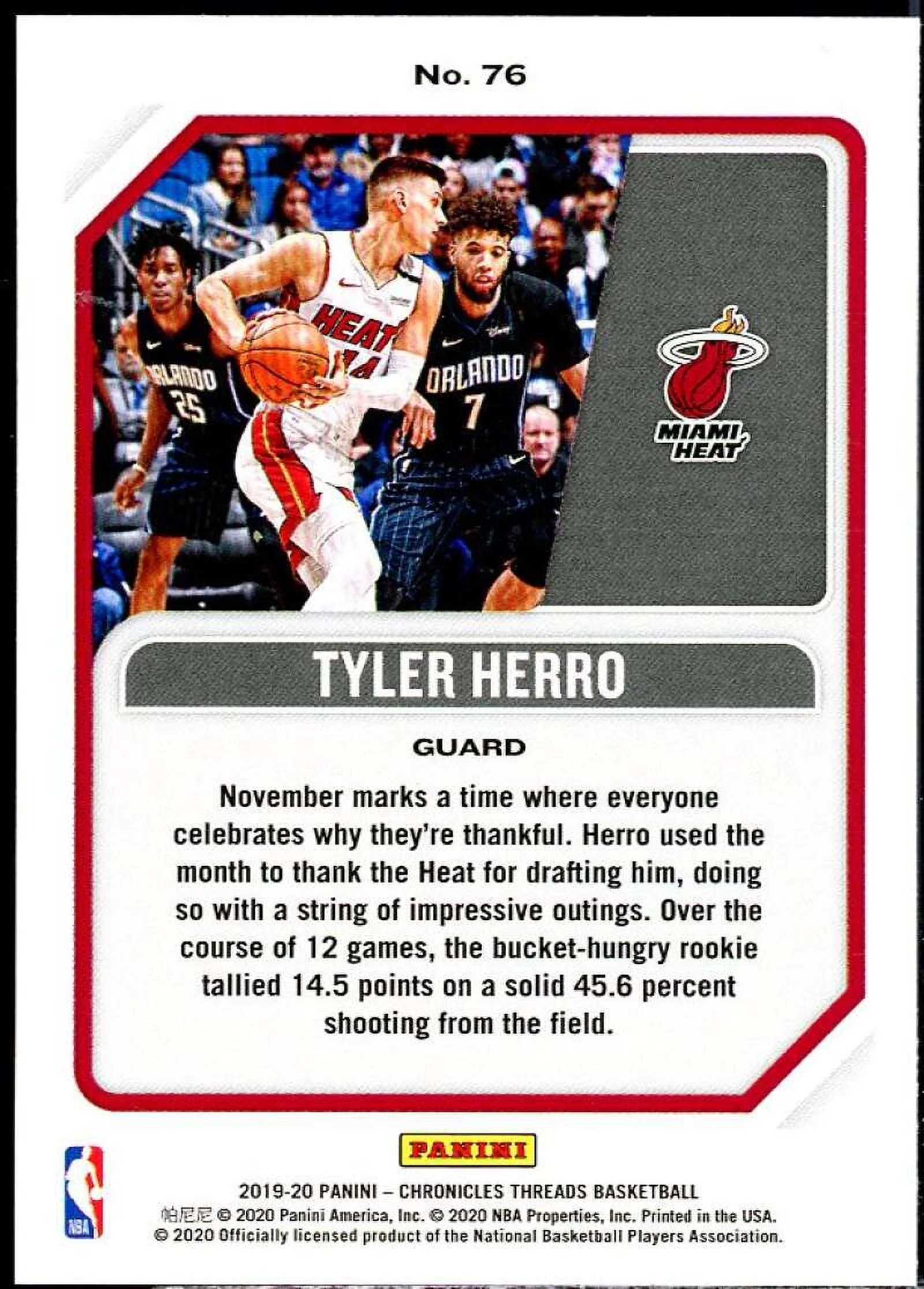 Tyler Herro Rookie Card 2019-20 Panini Chronicles Threads #76