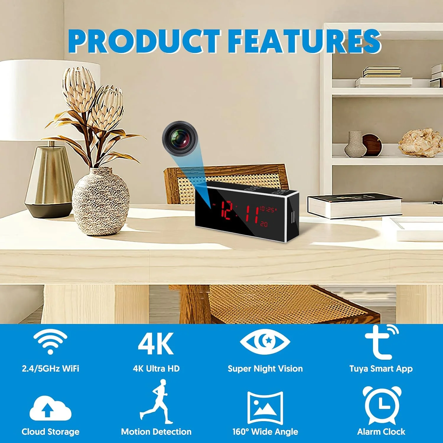 Hidden Spy Camera Alarm Clock with Stronger Night Vision 4K Wireless WiFi Smart Nanny spy Cam Motion Detection 160°Wide-Angle Fisheye Lens Security Surveillance Camera(2.4/5Ghz)