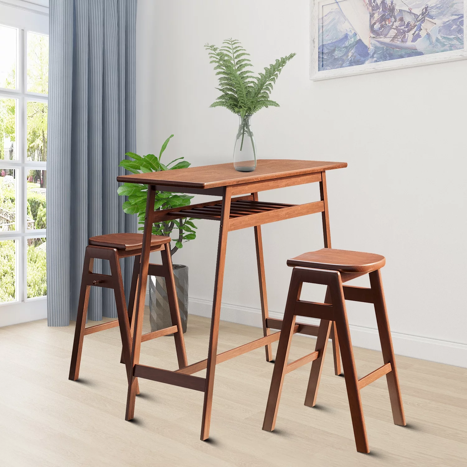 Minimalist 3 Pieces Dining Set with A Shelf and Rubberwood Frame for Kitchen, Dining Room, Antique Brown