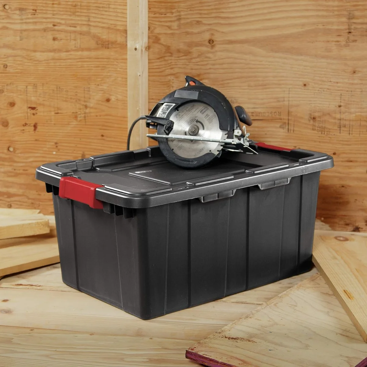 27 Gal Industrial Tote, Stackable Storage Bin with Latching Lid, Plastic Container with Heavy Duty Latches, Black Base and Lid, 4-Pack