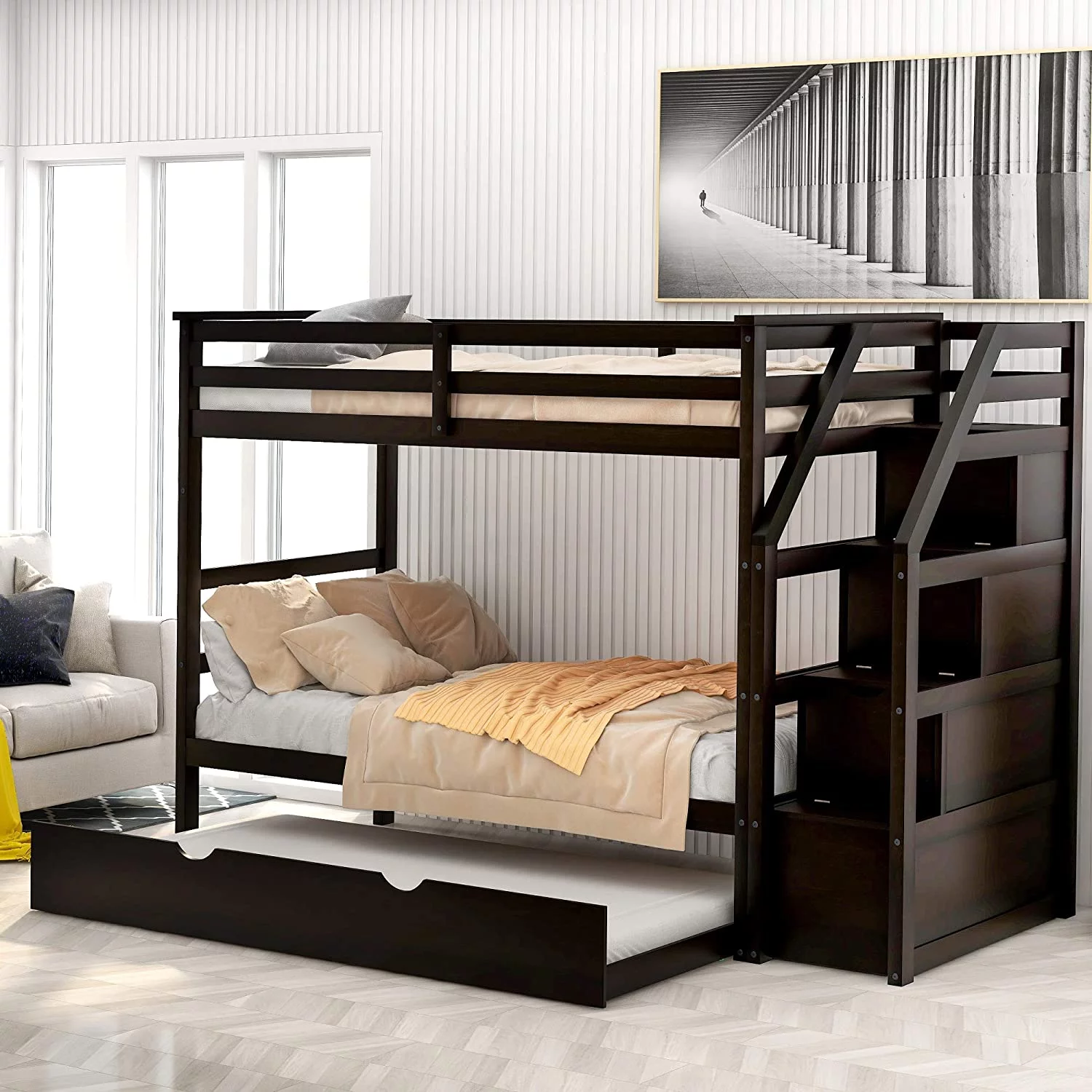 Churanty Twin over Twin Bunk Bed for Kids,Wood Twin Bunk Bed with Storage and Trundle,Espresso