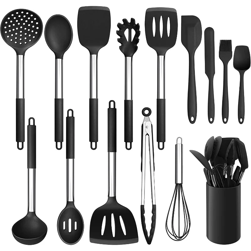 15pcs/set, Non-Stick Silicone Cooking Utensil Set with Metal Handle - Spatula Set - Kitchen and Cookware Essentials for College Dorm and Apartment - Black