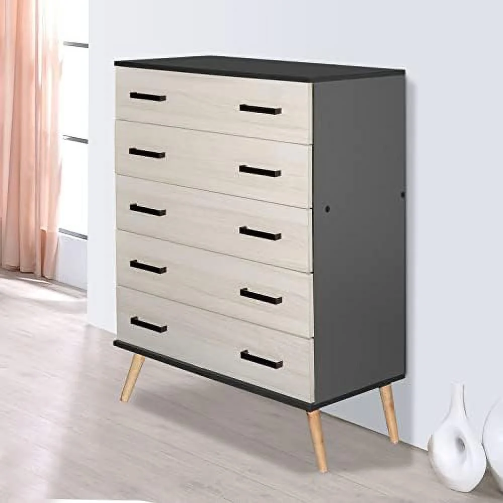 YFbiubiulife Eli Mid-Century Modern 5 Drawer Chest in White & Natural Oak