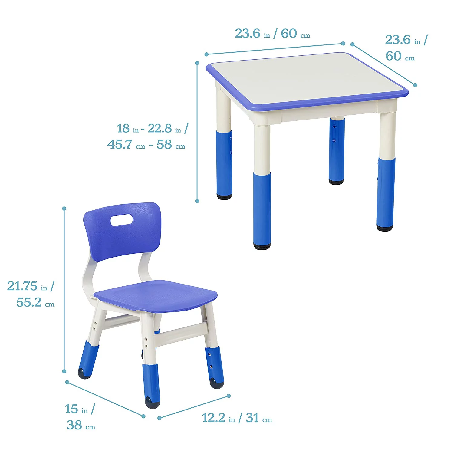 OUWI Dry-Erase Square Activity Table with 2 Chairs, Adjustable, Kids Furniture, Blue, 3-Piece
