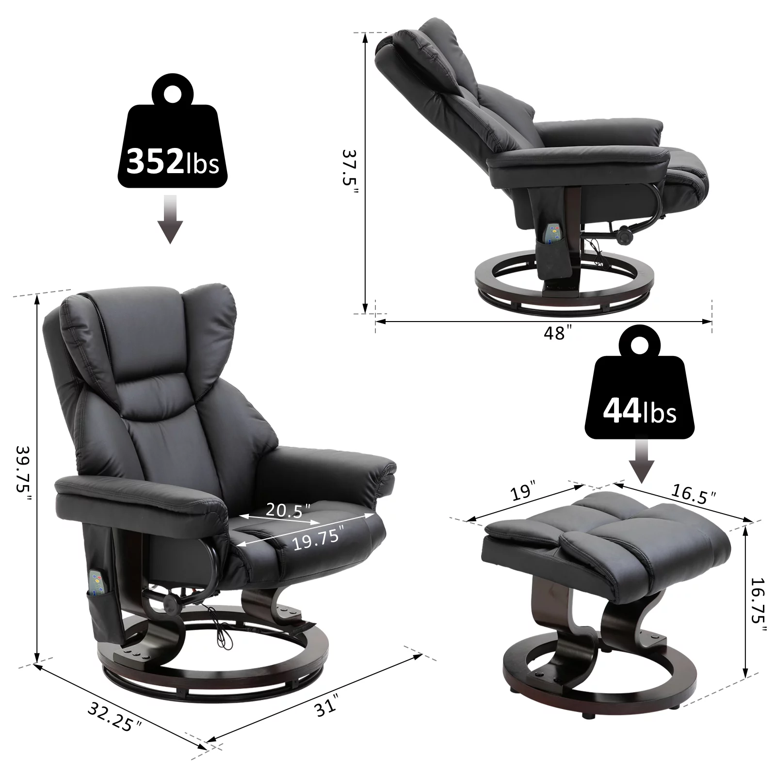 Massage Recliner Chair with Footrest, 10 Vibration Levels, Faux Leather, Black