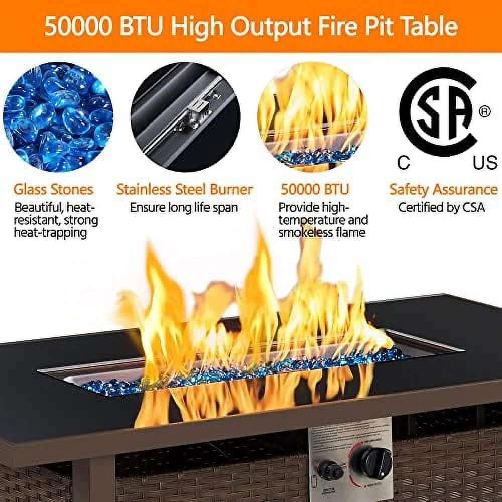 43 Inch Propane Table 50,000 BTU Wicker Gas With Lid, Tempered Glass , Fire Glass And Rain Cover, Outdoor Gas Fire Table For Patio Deck, Outside Heating, Brown