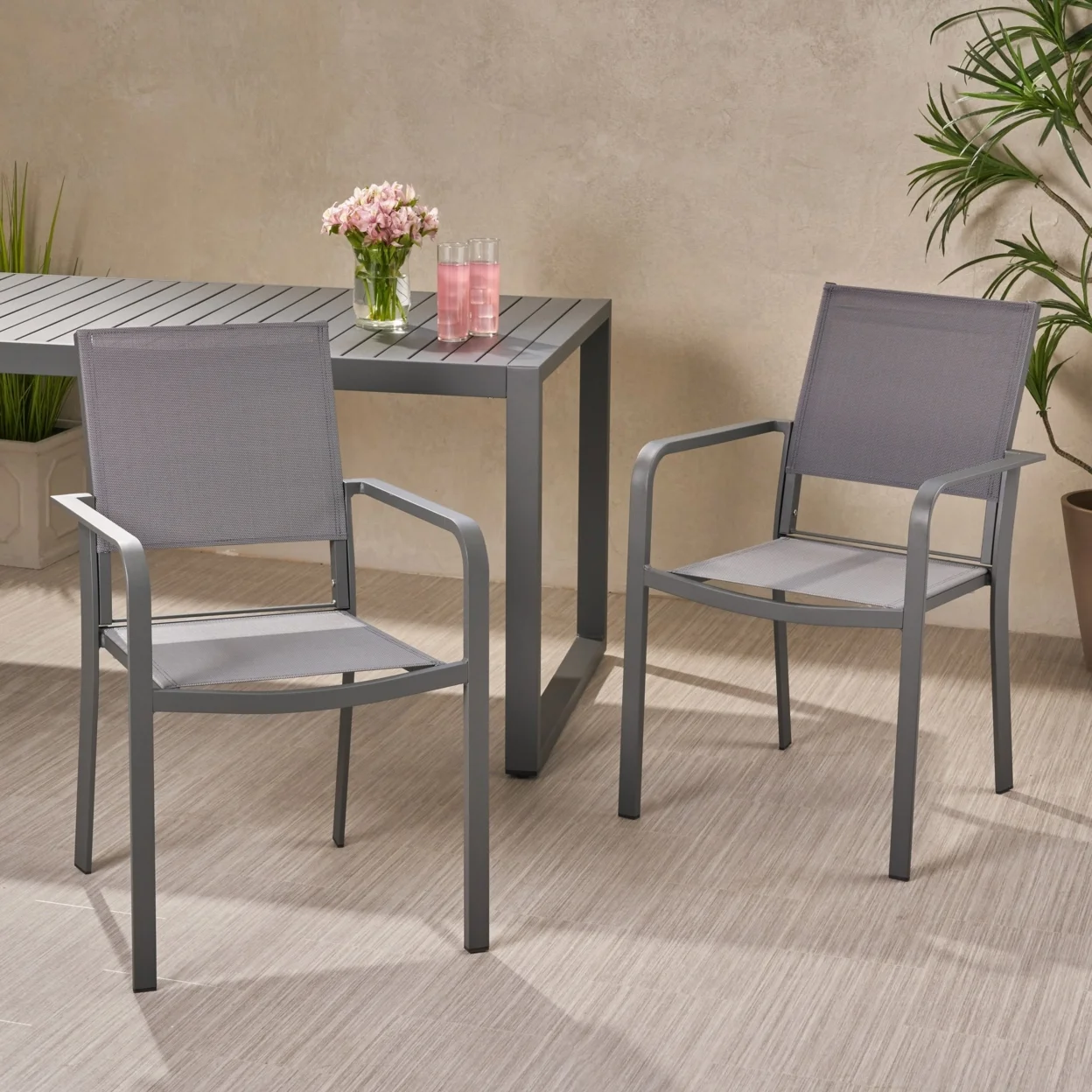 GDF Studio Martin Outdoor Modern Aluminum Dining Chair with Mesh Seat (Set of 2), Gun Metal Gray and Dark Gray